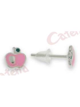 Σκουλαρίκια ασημένια επιπλατινωμένα σε σχέδιο μήλο με ρόζ σμάλτο