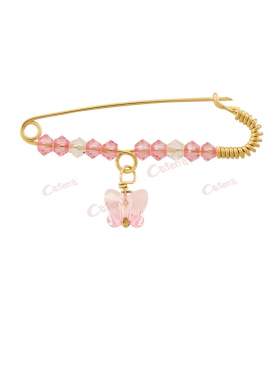 Παραμάνα χρυσή για νεογέννητο κοριτσάκι, σχέδιο ροζ πεταλούδα με άσπρες και ροζ πέτρες