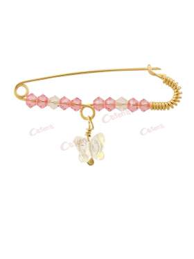 Παραμάνα χρυσή για νεογέννητο κοριτσάκι, σχέδιο λευκή διαφανής πεταλούδα με άσπρες και ροζ πέτρες