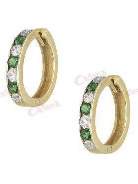 Σκουλαρίκια χρυσά με πράσινες και άσπρες πέτρες ζιργκόν σε σχέδιο κρίκο καράτια 14