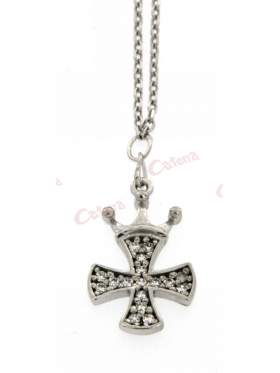 Ασημένιος σταυρός με με αλυσίδα σε συνδυασμό με κορώνα και λευκές πέτρες και επιπλατίνωμα