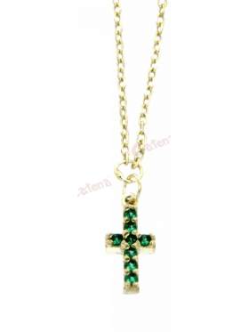 Ασημένιος σταυρός με με αλυσίδα και πράσινες πέτρες και επιπλατίνωμα