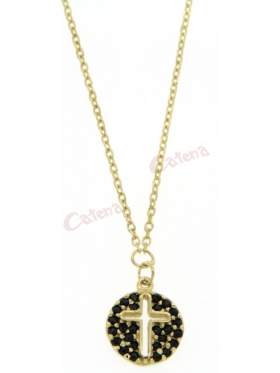 Χρυσό κολιέ, με σχέδιο κύκλο με σταυρό, στολισμένος με μαύρες πέτρες ζιργκόν