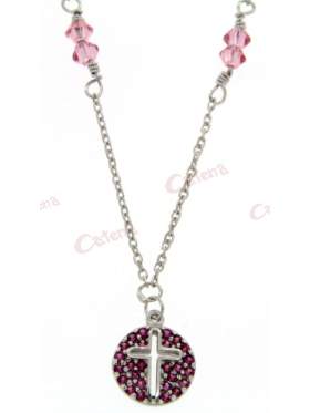 Λευκόχρυσο κολιέ, στολισμένο με ρόζ πέτρες ζιργκόν, σταυρό και ρόζ πέτρες Swarovski