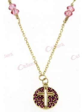 Χρυσό κολιέ, στολισμένο με ρόζ πέτρες ζιργκόν, σταυρό και ρόζ πέτρες Swarovski