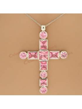 Σταυρός ασημένιος επιπλατινωμένος με αλυσίδα και ροζ πέτρες ζιργκόν